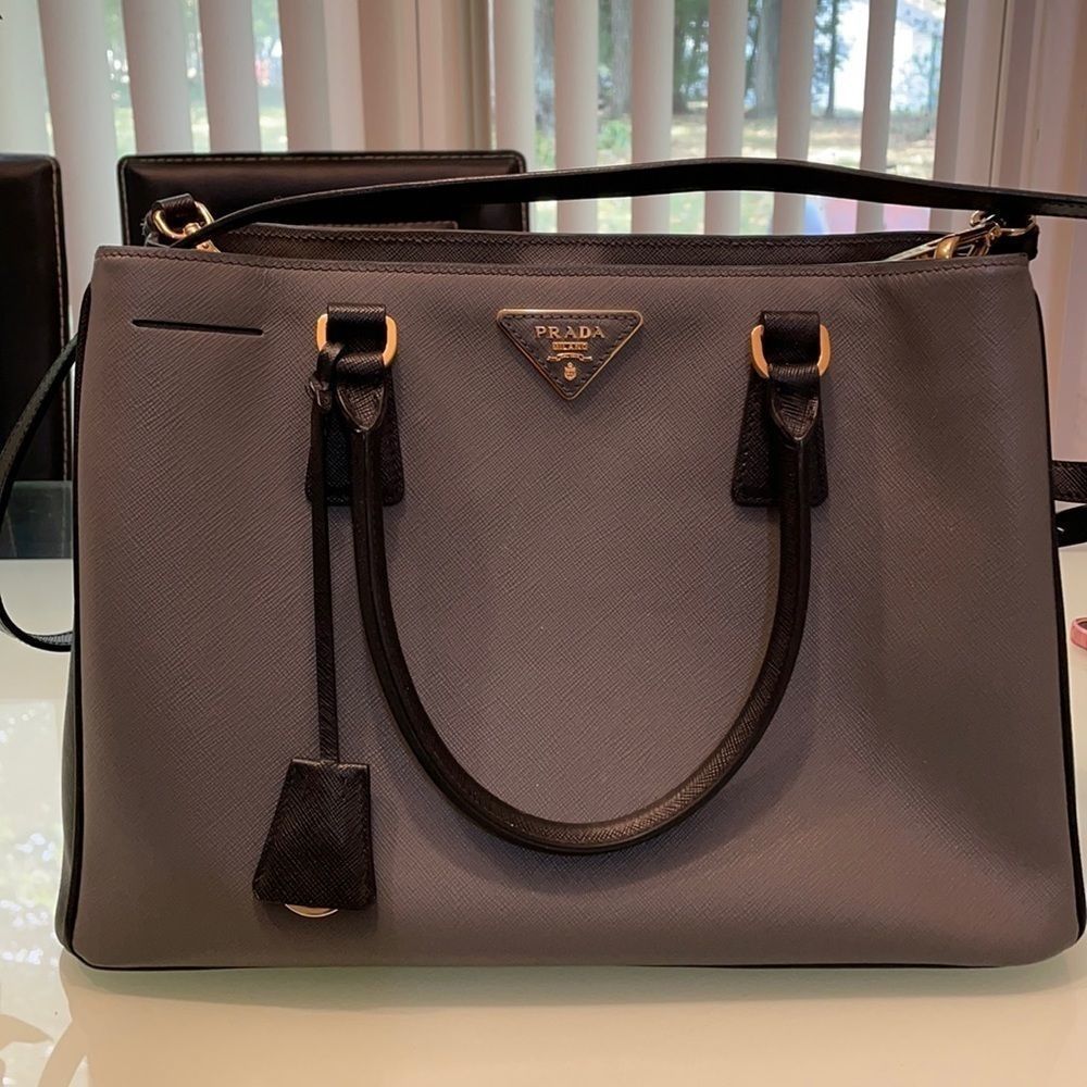Prada satchel bag 100% authentic grey leather with black leather straps w/bag